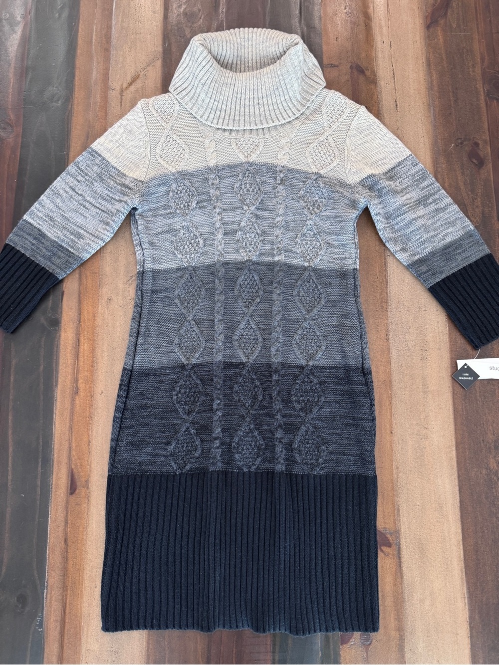 Studio One Ombre Cable-Knit Turtleneck Sweater Dress - Cream/Gray/Black